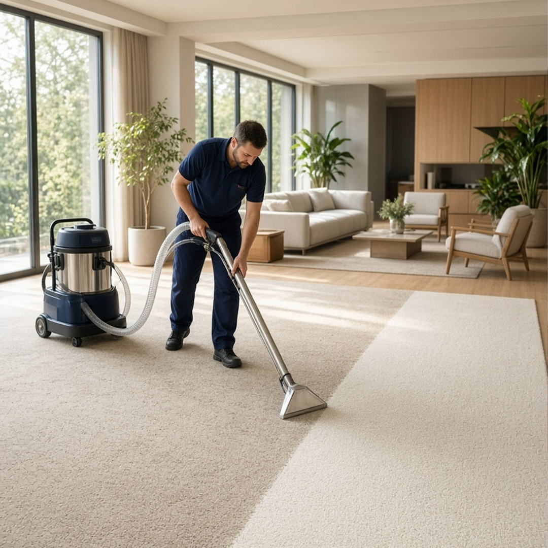 Carpet cleaning equipment treating a high-traffic hallway carpet