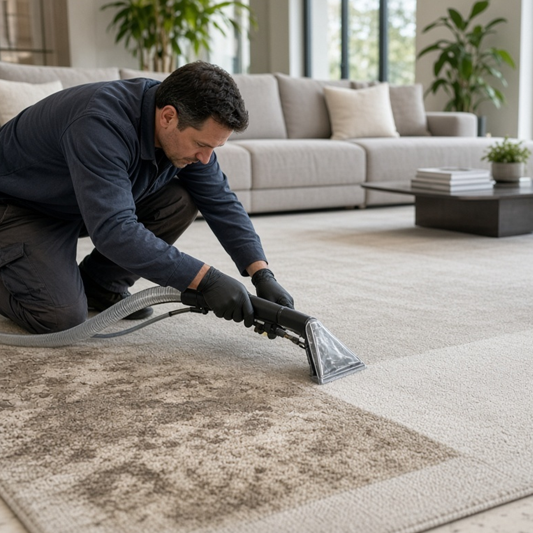 Professional carpet cleaning technician deep cleaning a residential carpet