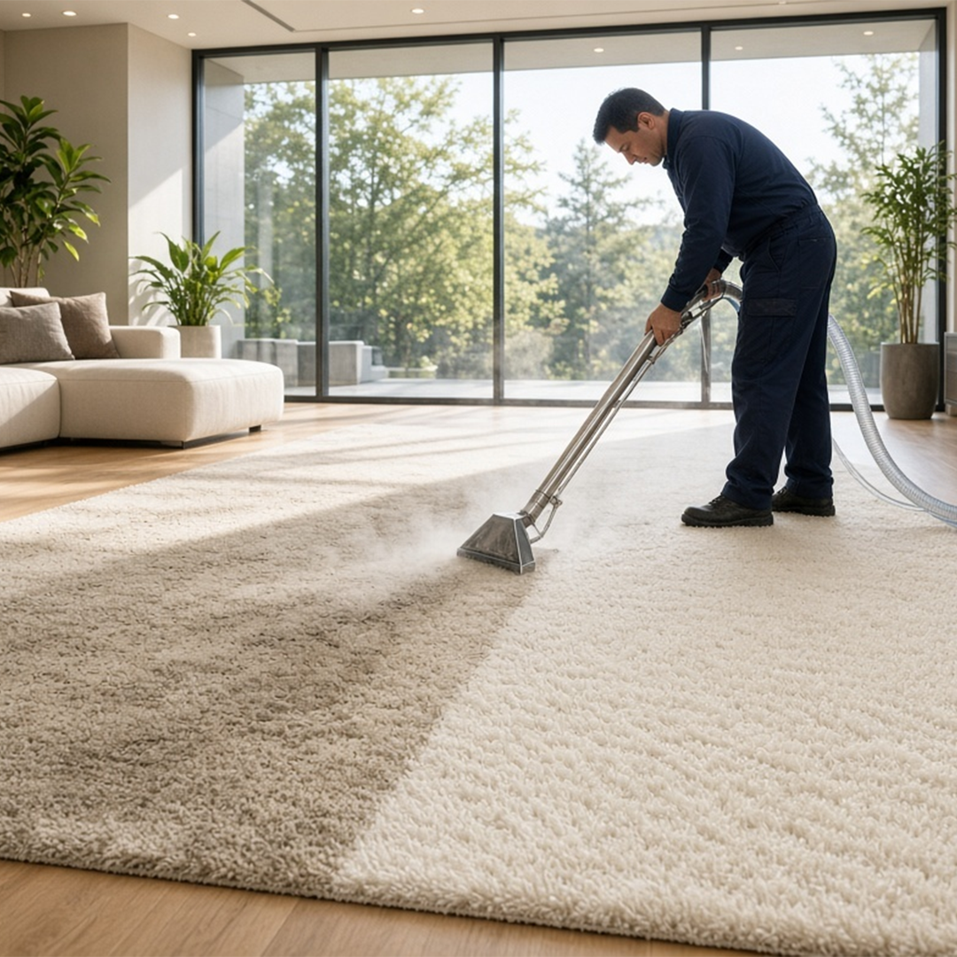 Professional cleaner treating a carpet stain