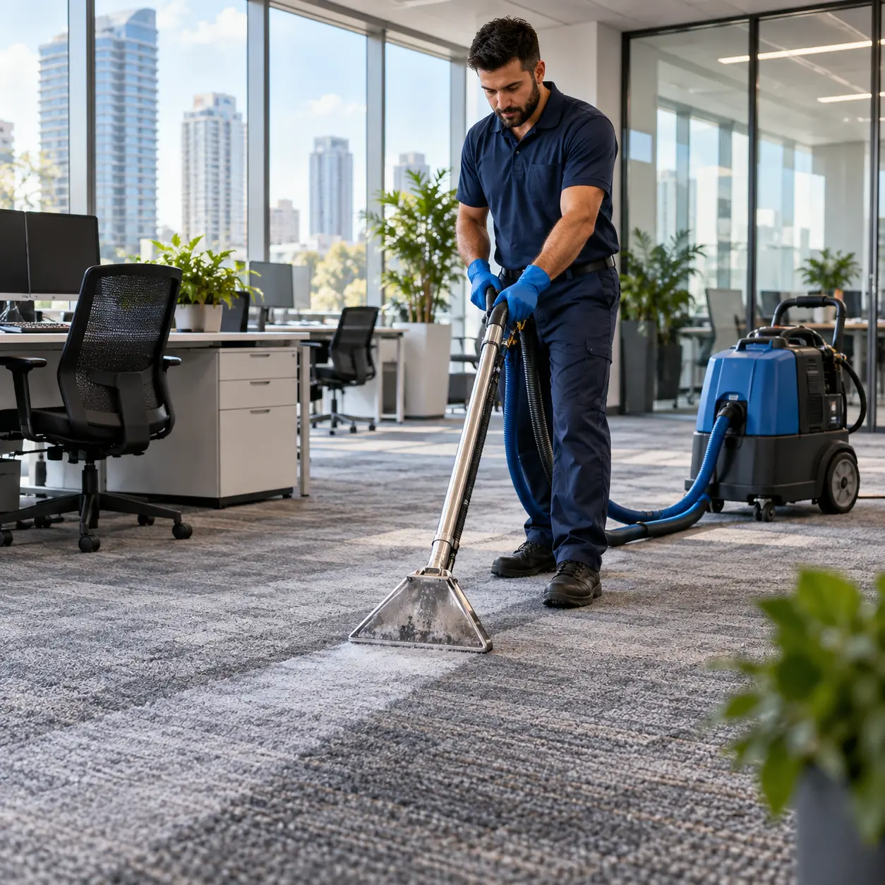 Professional cleaner deep cleaning a carpet in a bright home