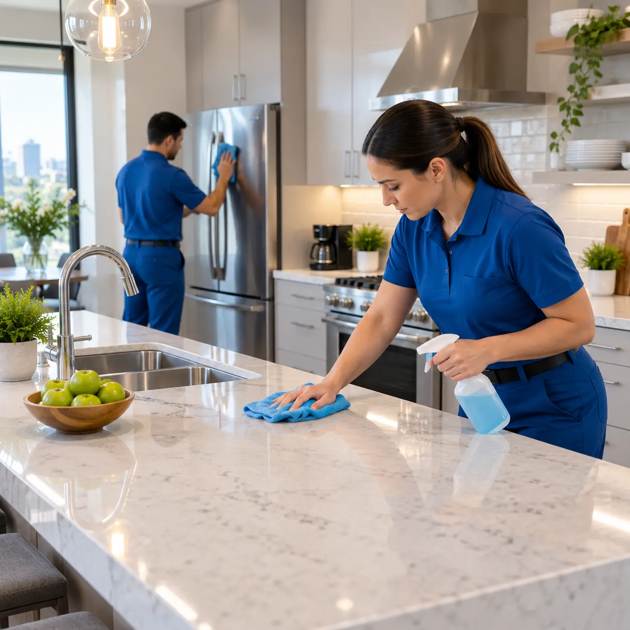 Modern kitchen counter reset and ready for the next guest