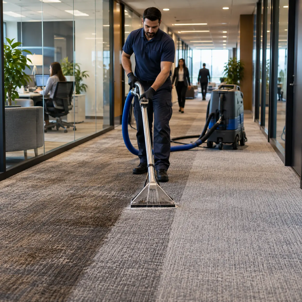 Cleaning technician with professional supplies preparing to treat a carpet