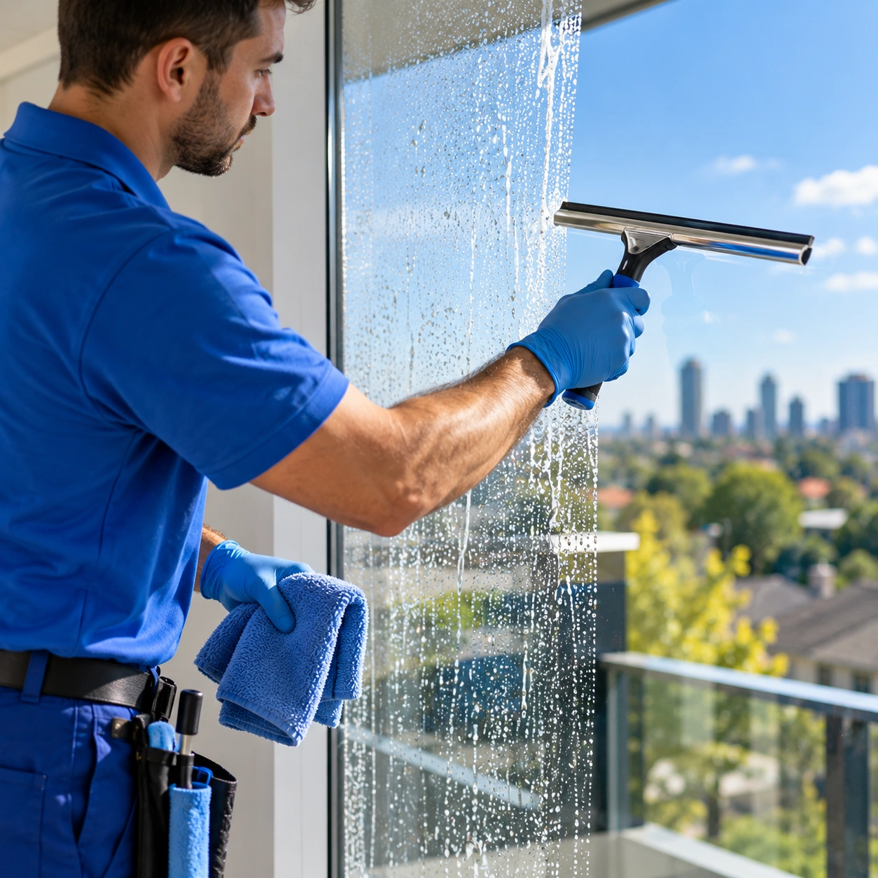 Window cleaner working safely on a multi-storey building