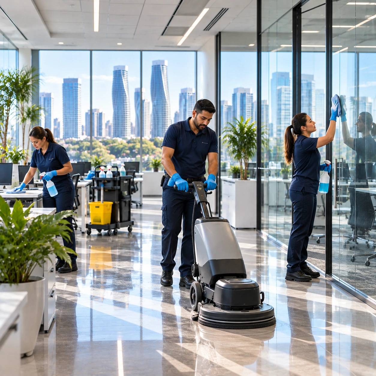 Consistent cleaning team member maintaining a commercial space
