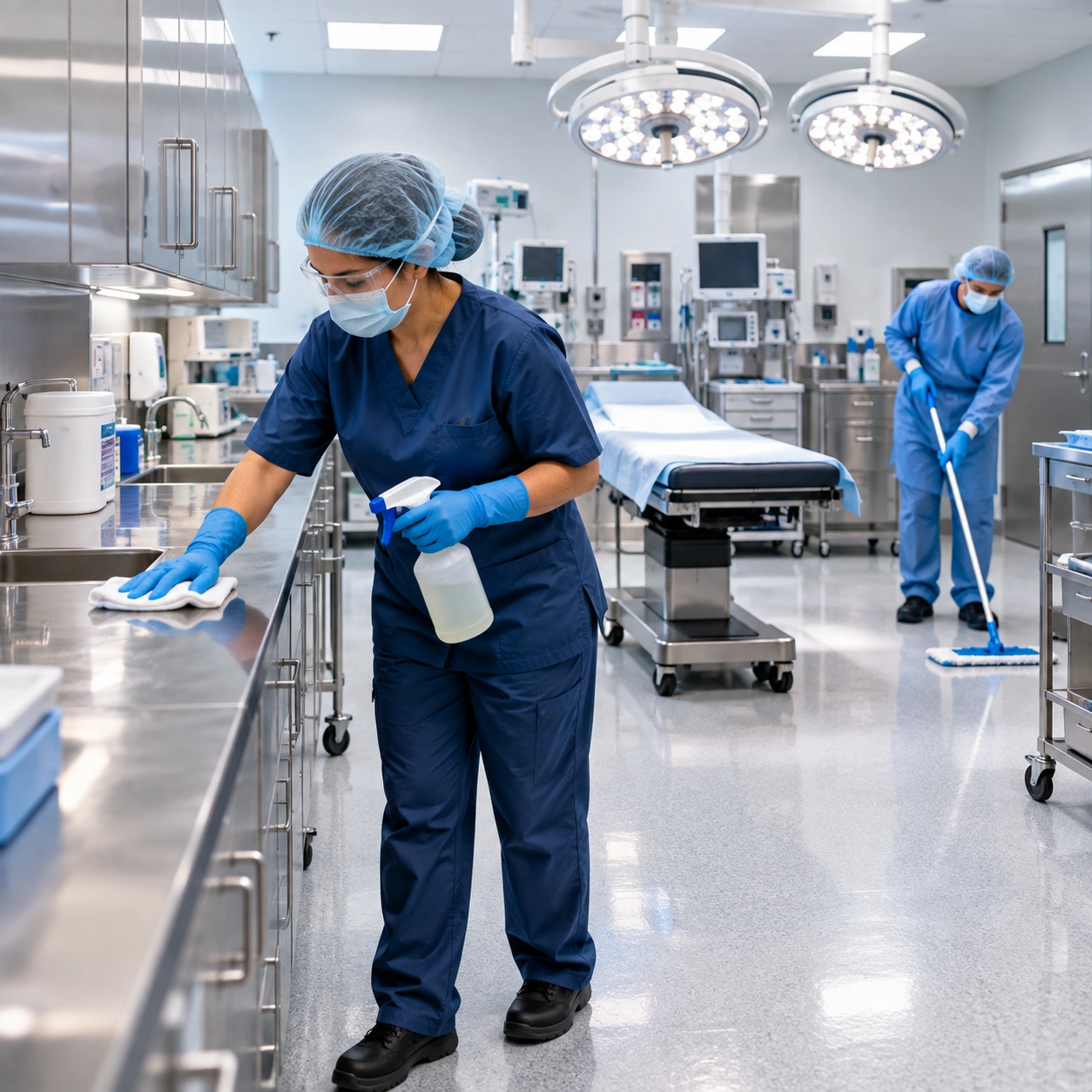 Clinical technician disinfecting hands with hospital-grade spray