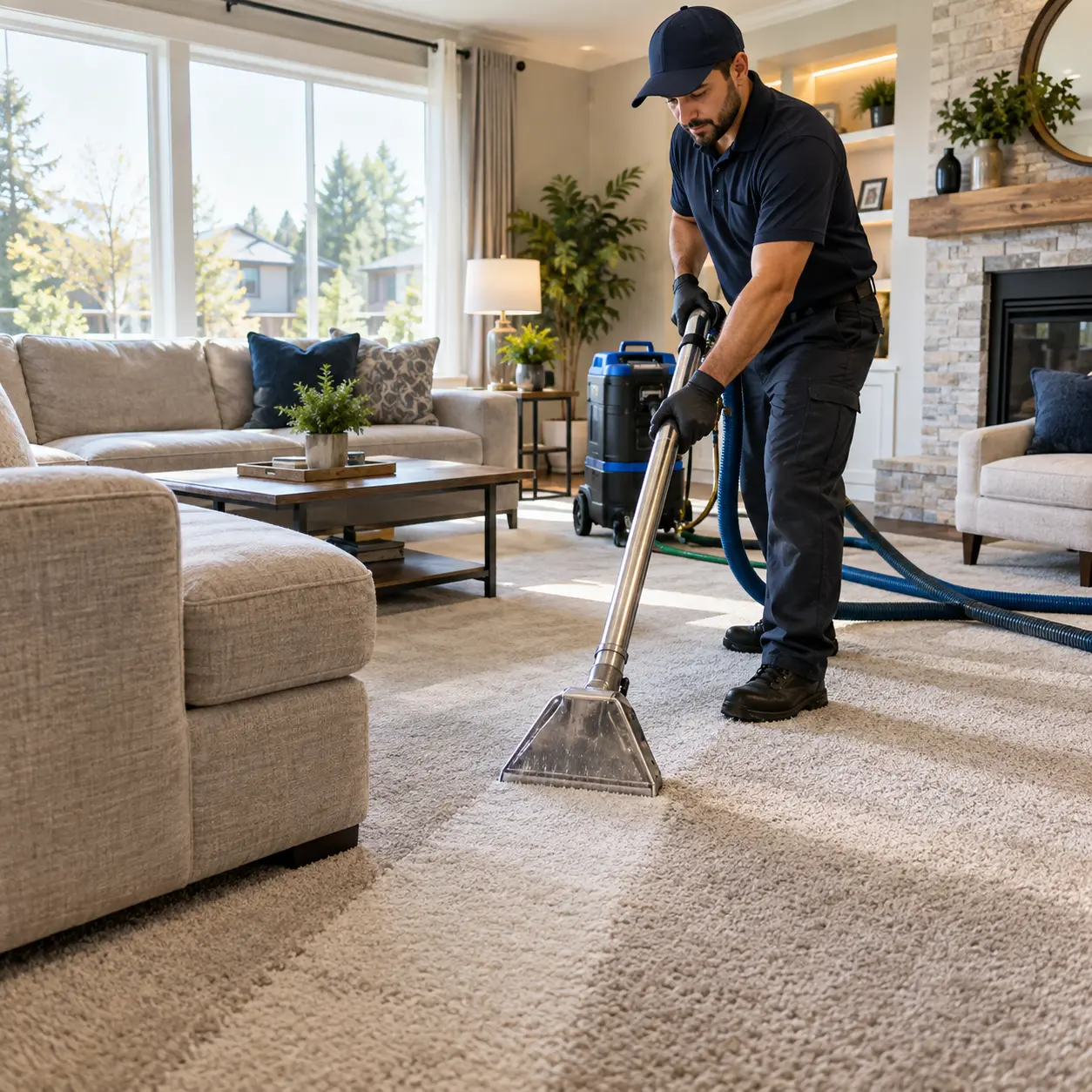 Cleaning professional at work in a clean interior space